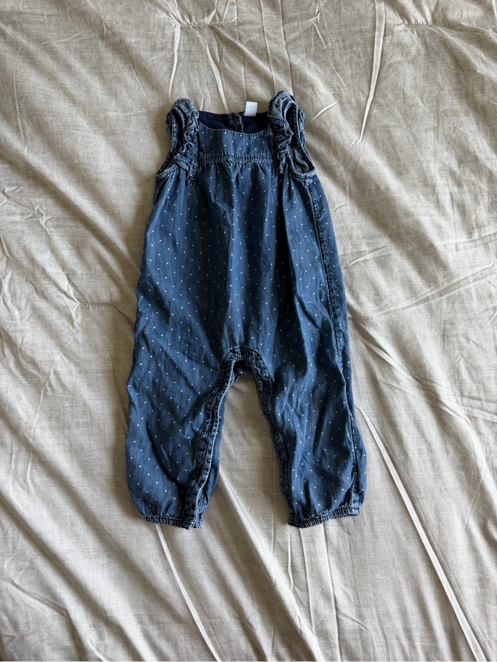 Baby Gap Blue Polka Dot Chambray Ruffle Romper (12-18M)